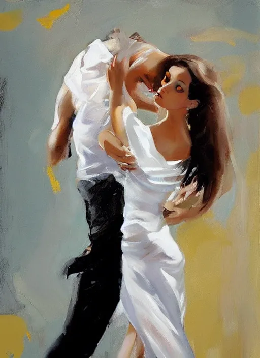 Image similar to sensual tango dancerin in white dress, painting by phil hale, fransico goya,'action lines '!!!, graphic style, visible brushstrokes, motion blur, blurry, visible paint texture, crisp hd image