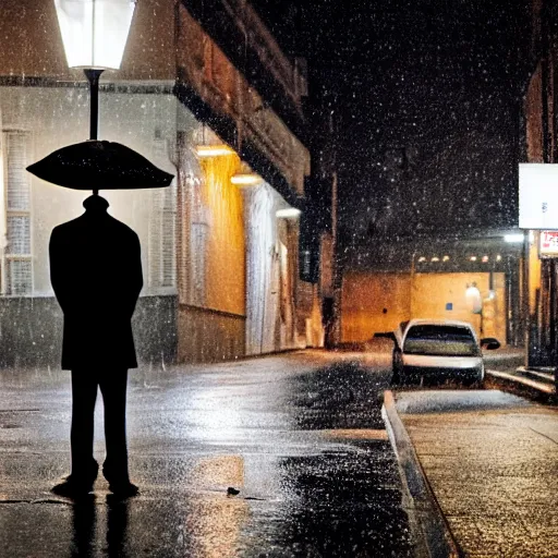 Image similar to lonely man waiting in rain at night under a street lamp