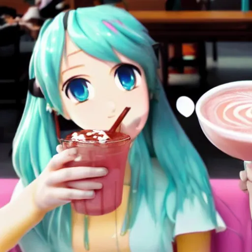 Image similar to Hatsuni miku drinking a milkshake with Mark Zuckemberg