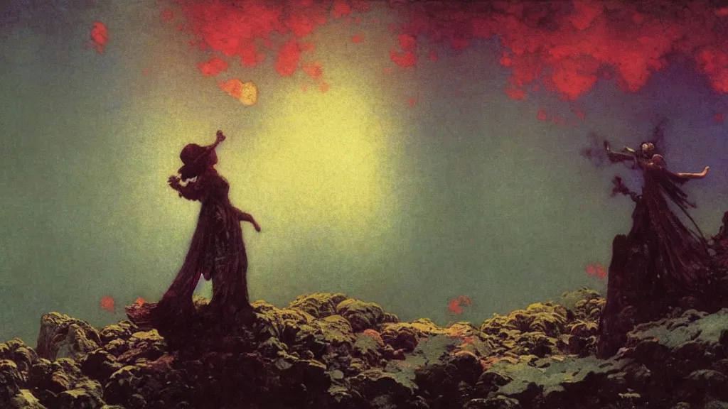 Prompt: a person conjuring!!! an image!!! from of noise!!!, by arthur rackham, maxfield parrish, and ivan aivazovsky, cinematic close - up, colorful, intricate, chaotic, fantasy realism, hopeful, 8 k render, volumetric lighting