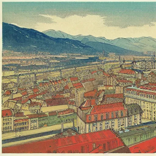 Prompt: a colored woodblock of Chambéry city in France by Alfred Mucha