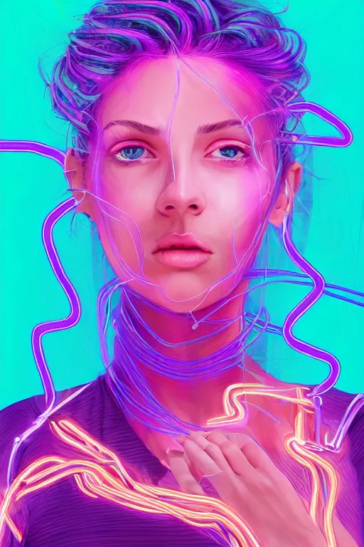 Image similar to a award winning half body portrait of a beautiful woman with stunning eyes in a croptop and cargo pants with ombre purple pink teal hairstyle and hands in pockets by thomas danthony, surrounded by whirling illuminated lines, outrun, vaporware, shaded flat illustration, digital art, trending on artstation, highly detailed, fine detail, intricate