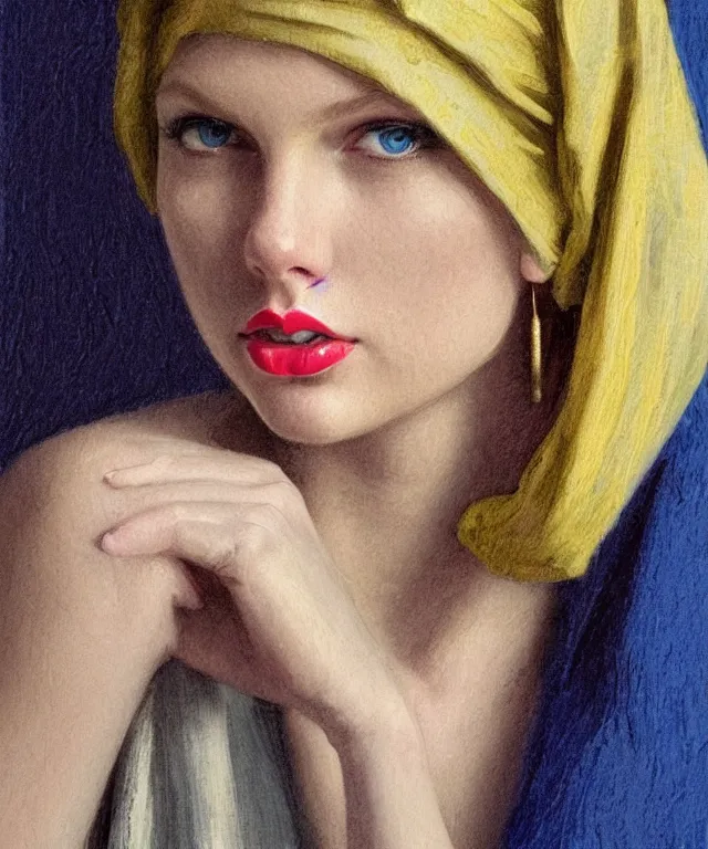 Image similar to Taylor Swift as the girl with the pearl earring, highly detailed, digital painting, artstation, concept art, smooth, sharp focus, illustration, ArtStation, art by artgerm and greg rutkowski and alphonse mucha and J. C. Leyendecker and Edmund Blair Leighton and Katsuhiro Otomo and Geof Darrow and Phil hale and Ashley wood and Ilya repin and Charlie Bowater