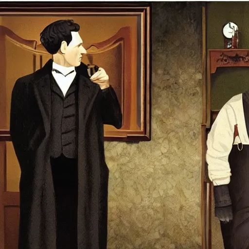 Prompt: American Gothics by Grant Wood but with Sherlock Holmes and Watson instead of the usual characters