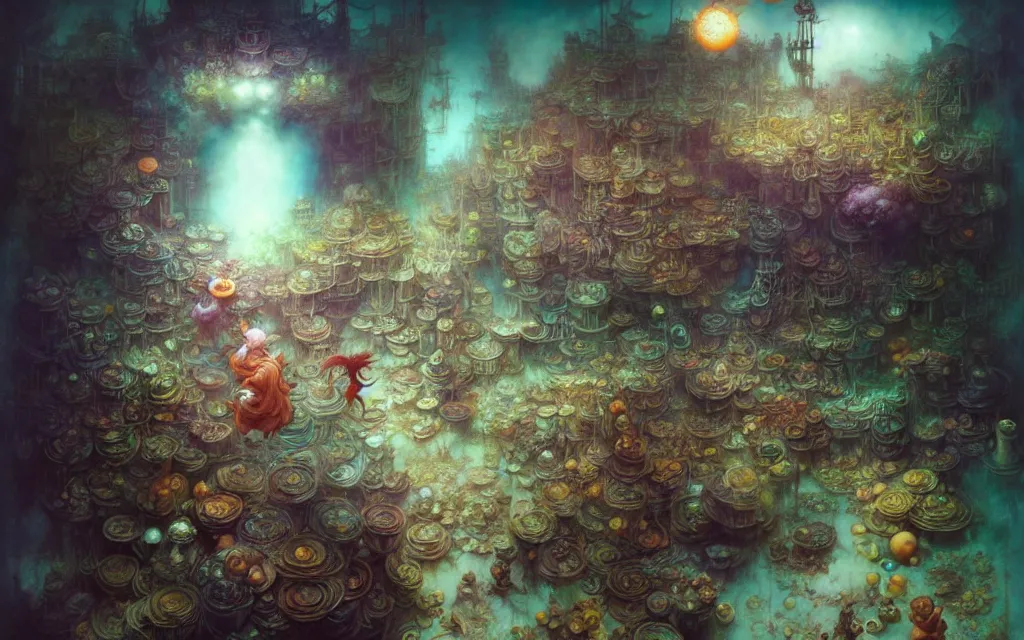 Prompt: anak orang gila di pasar, beautiful matte painting, brian froud, yoshitaka amano, kim keever, victo ngai, james jean