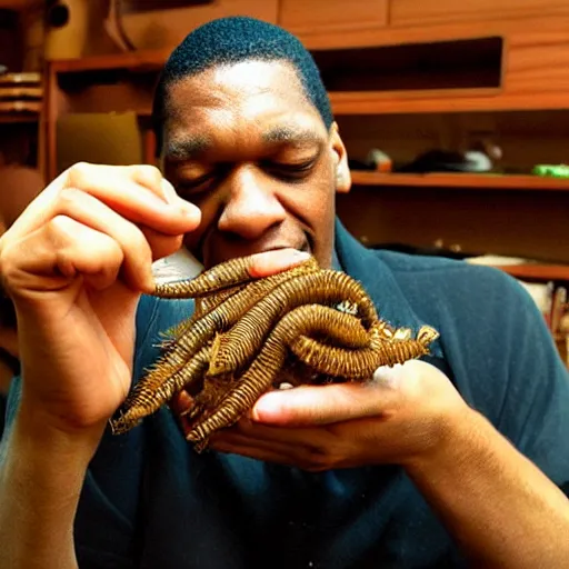 Image similar to john coltrane snuggling a giant mealworm