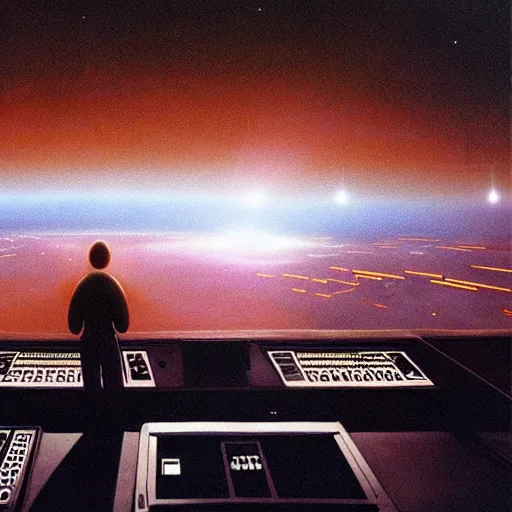 Prompt: a figure in a Control room overlooking a Spaceport docking bay at night, inner light. In the background, spaceship maintenance. Concept art, hyperrealism, extreme detail, art in the style of A New Hope. Art. by Beksinski and Michael Whelan