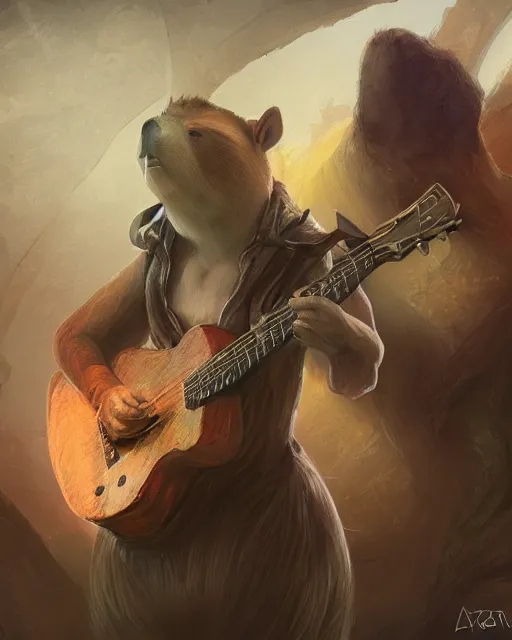 Prompt: Capybara playing Guitar, portrait, dress, magic the gathering artwork, D&D, fantasy, cinematic lighting, centered, symmetrical, highly detailed, digital painting, artstation, concept art, smooth, sharp focus, illustration, volumetric lighting, epic Composition, 8k, art by Akihiko Yoshida and Greg Rutkowski and Craig Mullins, oil painting, cgsociety