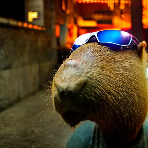 Image similar to capybara wearing shades in a night club, trippy club lighting