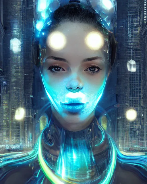 Prompt: a powerful beautiful energy woman, by alexander fedosav, hyper detailed digital matte painting, concept art, hyperrealism, 1 6 k resolution, cinema 4 d, 8 k resolution, trending on artstation, behance hd, a masterpiece, by stephan martiniere, particles, cel - shaded, power bright neon energy, by david a. hardy,