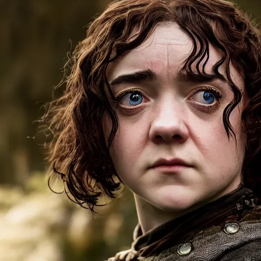 Image similar to first photos of 2 0 2 4 female lotr remake - maisie williams as frodo, ( eos 5 ds r, iso 1 0 0, f / 8, 1 / 1 2 5, 8 4 mm, postprocessed, crisp face, facial features )