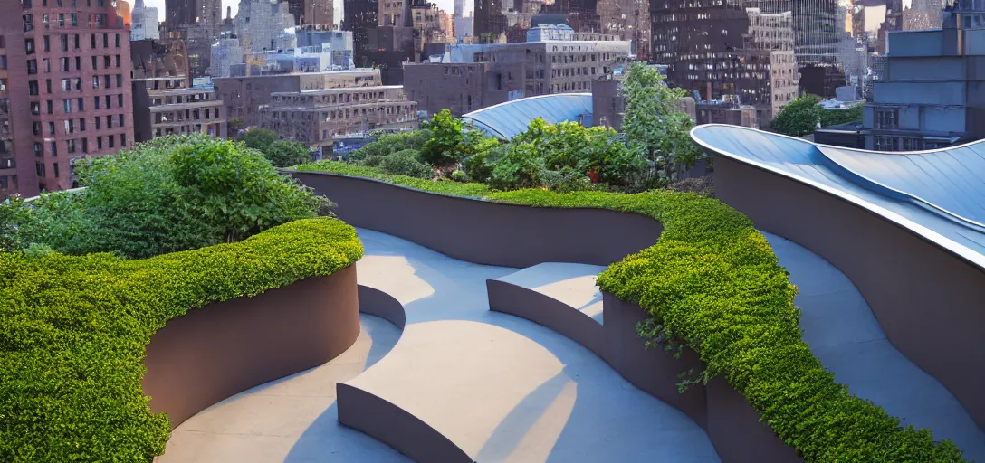 Prompt: curved roof planes lift and descend creating shade and architectural expression, situated on a rooftop garden in manhattan, highly detailed, vivid color, high resolution photography, mist, dusk