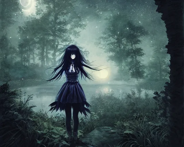 Image similar to goth woman in a moonlight view, in a forest, a river, tankoban, 4 k, tone mapping, akihiko yoshida, james jean andrei riabovitchev marc simonetti, yoshitaka amano, long hair, curly, h. hydrochaeri