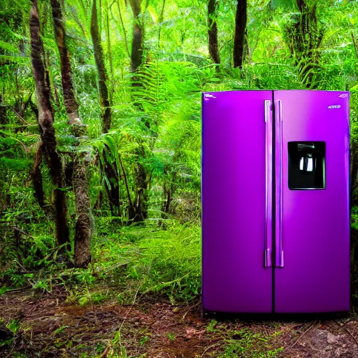 Image similar to purple refrigerator in a jungle, 4k photograph