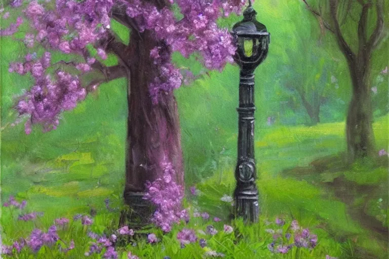 Image similar to vintage iron lamp post in lush spring forest. Cinematic, small purple flowers, hiking trail. detailed oil painting