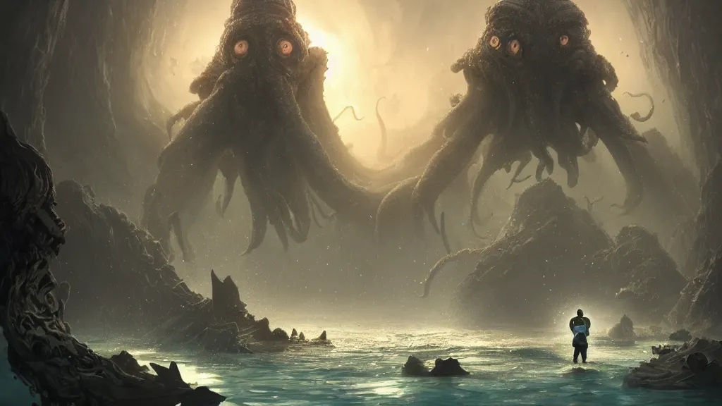 Prompt: A diver is under the sea, he is swimming away from the giant Cthulhu that is behind hunting him, this is an extravagant planet with wacky wildlife and some mythical animals, the background is full of ancient ruins, the ambient is dark with a terrifying atmosphere, by Jordan Grimmer digital art, trending on Artstation,