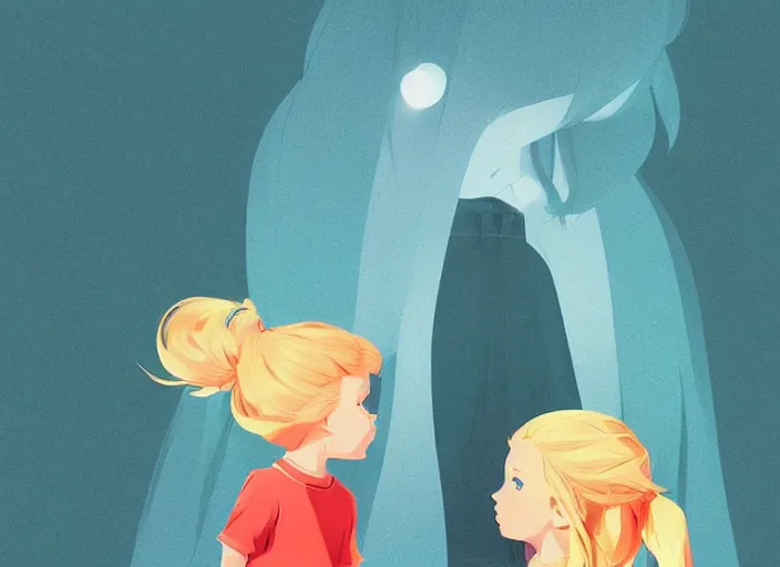 Prompt: little girl with long blonde hair meeting a ghost. clean cel shaded vector art. shutterstock. behance hd by lois van baarle, artgerm, helen huang, by makoto shinkai and ilya kuvshinov, rossdraws, illustration, art by ilya kuvshinov