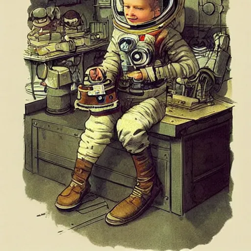 Prompt: boy in a retro space suit in a cluttered inventors shop . muted colors. by Jean-Baptiste Monge !!!!!!!!!!!!!!!!!!!!!!!!!!!