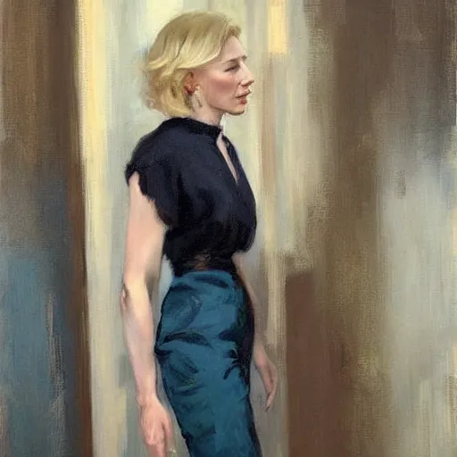 Image similar to cate blanchett in low-cut blouse in front of a mirror, painting by Vladimir Volegov