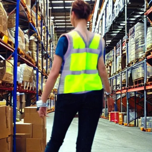 Image similar to photo, close up, emma watson in a hi vis vest, in warehouse, disposable camera,