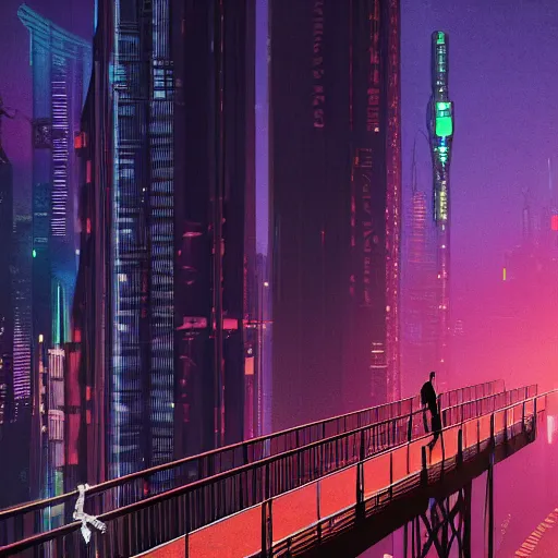 Image similar to a man standing on top of a bridge over a city, cyberpunk art by Vincent Lefevre, behance contest winner, altermodern, cityscape, synthwave, matte painting