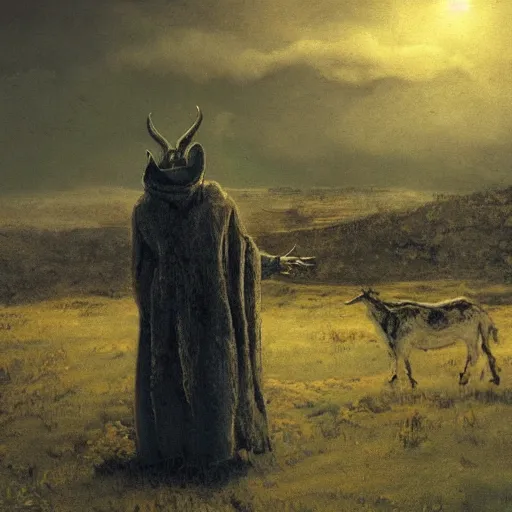 Image similar to goat in the painted world of dark souls, head and shoulders masterpiece, apocalypse, golden hour, cosmic horror, artstation, in the style of andrew wyeth and goya, extremely detailed