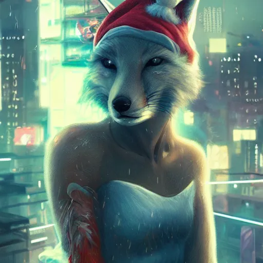 Image similar to portrait futuristic fox animal wearing a santa hat, in future cyberpunk tokyo rooftop , sci-fi, fantasy, intricate, very very beautiful, elegant, human anatomy, neon light, highly detailed, digital painting, artstation, concept art, smooth, sharp focus, illustration, art by tian zi and WLOP and alphonse mucha