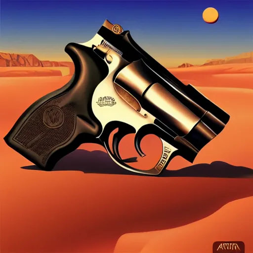 Image similar to smith & wesson revolver in the desert, smooth face, centered median photoshop filter cutout vector behance hd by artgerm, jesper ejsing, by rhads, makoto shinkai and lois van baarle, ilya kuvshinov, rossdraws, illustration, art by ilya kuvshinov and gustav klimt