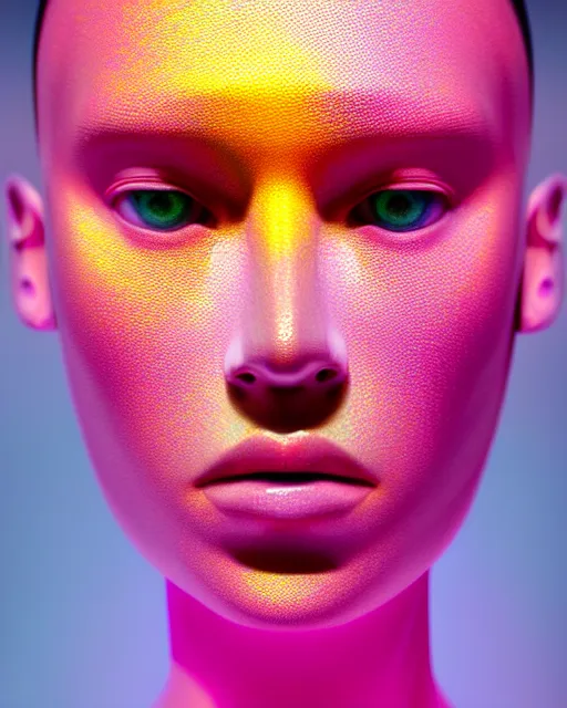 Image similar to hyperrealist highly intricate neo-modern portrait pink pearlescent exoskeleton beautiful goddess concept art pascal blanche key sage dramatic yellow lighting 8k high angle shallow depth of field
