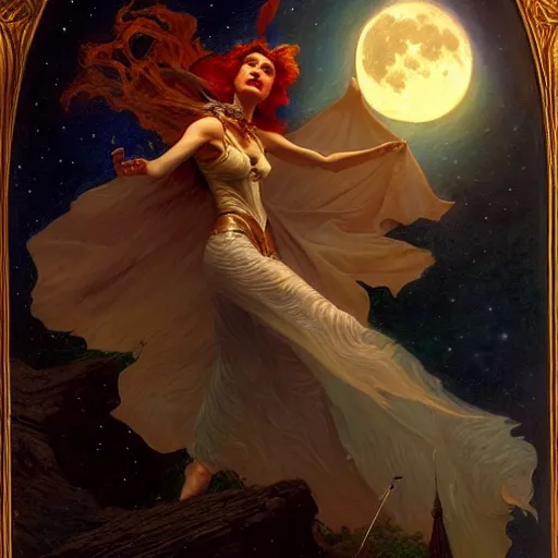 Image similar to attractive witch magically flying trough the night, fantasy, full moon in background. highly detailed painting by gaston bussiere, craig mullins, j. c. leyendecker 8 k