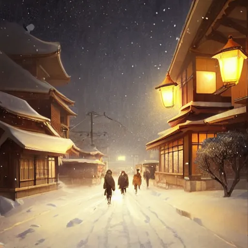 Prompt: walking around snow covered ozu city and shimonad station, ehime, japan. volumetric lighting, clear winter night, realistic illustration, perfectly shaded, soft painting, art by krenz cushart and wenjun lin