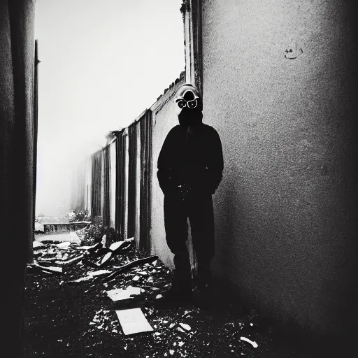 Prompt: A high quality photo of a mysterious man with a gas mask standing in the middle of a staircase alley looking in the direction of the camera :: outside, blue sky visible :: ruined city with vegetation and trees growing everywhere on the destroyed buildings :: forest :: apocalyptic, gloomy, desolate :: long shot, low angle, dramatic backlight, symmetrical, night, slightly colorful photography :: cinematic shot, highly detailed