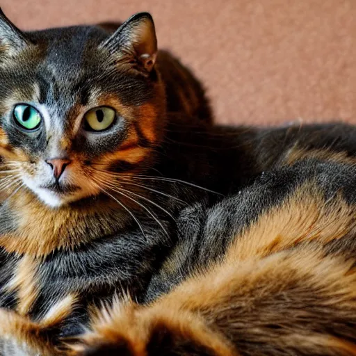 Prompt: tortoise shell colored cat laying with her kittens