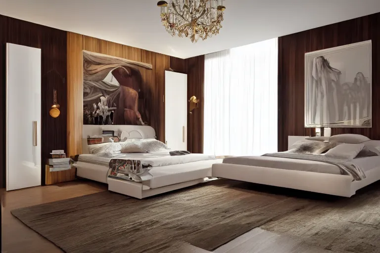 Image similar to A sunny bedroom, exquisite decoration, all Modernized furniture, high tech