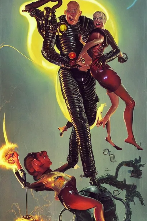 Image similar to full body portrait of martyn ford as lovecraftian demon being zapped by ray gun held by elegant lady wearing a latex spacesuit, by norman rockwell, jack kirby, jon berkey, earle bergey, craig mullins, ruan jia, jeremy mann, tom lovell, marvel, astounding stories, 5 0 s pulp illustration, scifi, fantasy, artstation creature concept