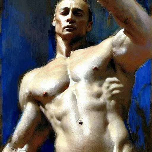 Image similar to Vladimir Putin as a greek god, muscular, detailed face, thighs, painting by Gaston Bussiere, Craig Mullins