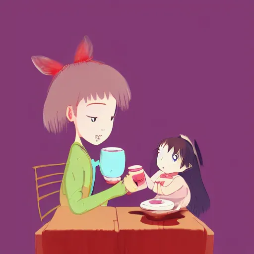 Image similar to little girl drinking tea with a friendly cryptid, digital art, colorful, artstation, studio ghibli