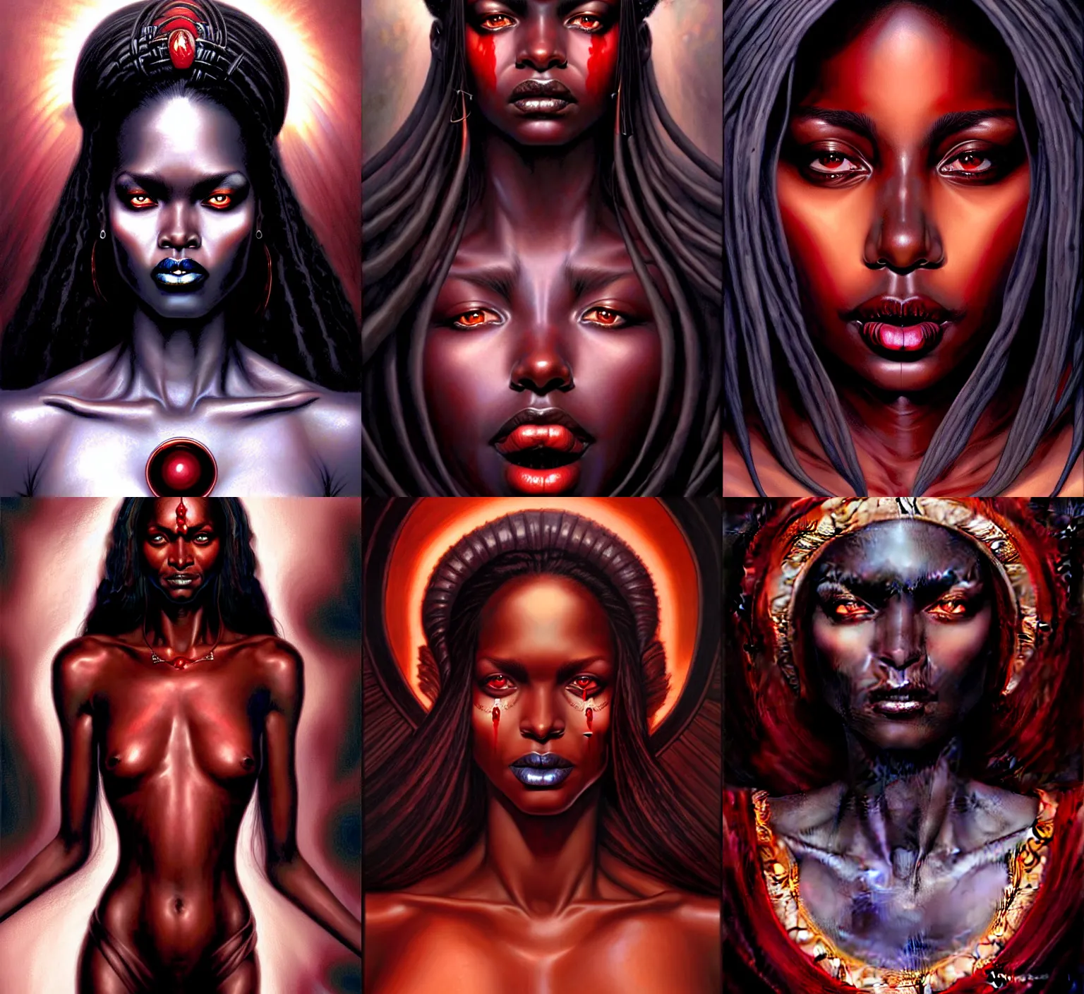 Prompt: stunning goddess of blood portrait, dark skin. realistic, symmetrical face. art by bowater charlie, mark brooks, julie bell, arian mark, tony sandoval