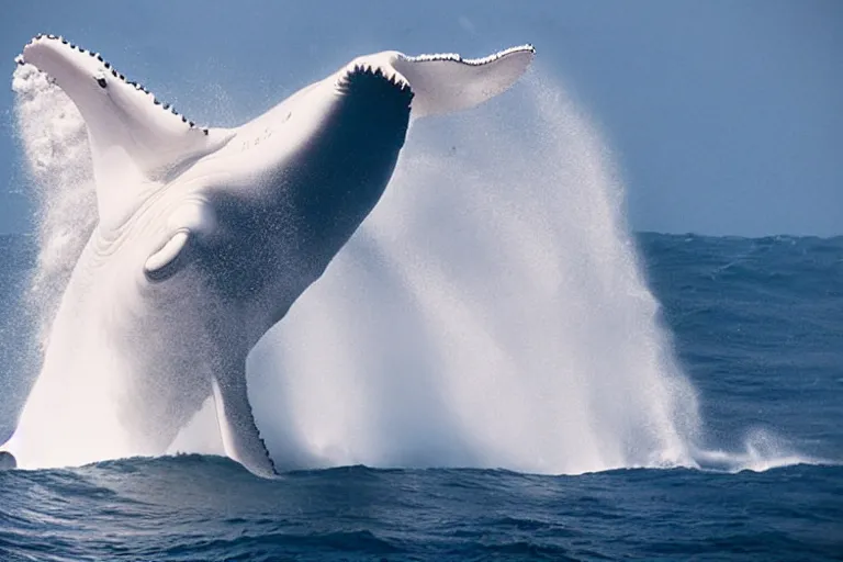 Prompt: underwater photography of a gigantic white whale jumping a wave at nazare