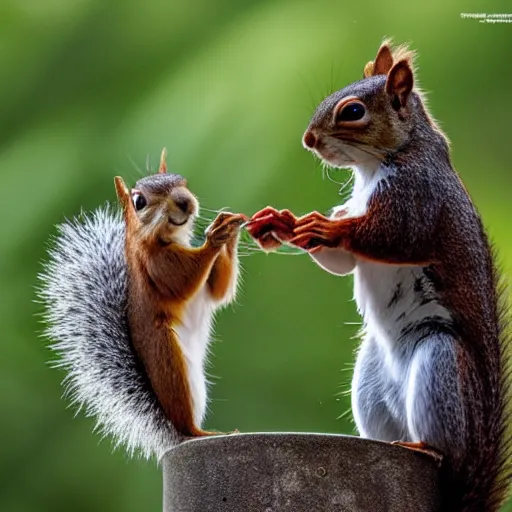 Image similar to close up of squirrel punching a blackbird, cinematographic shot,