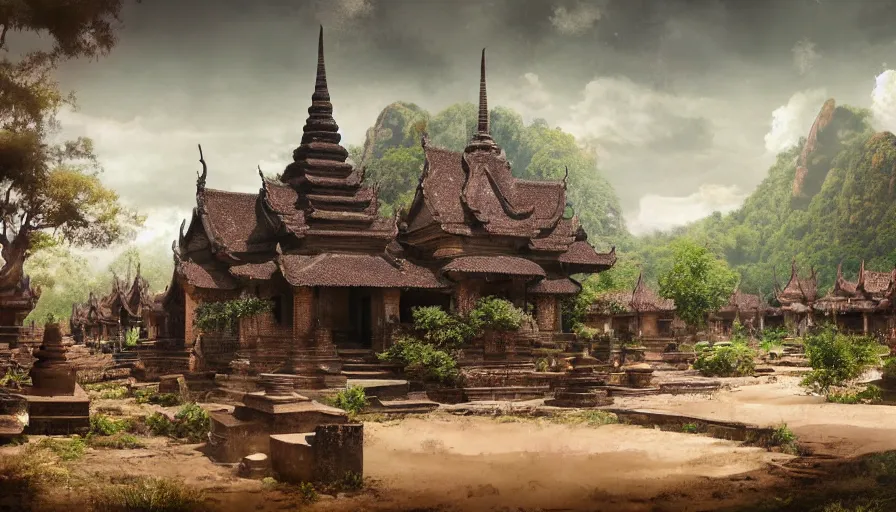 Image similar to matte painting of a beautiful sukhothai village, digital art, trending on artstation