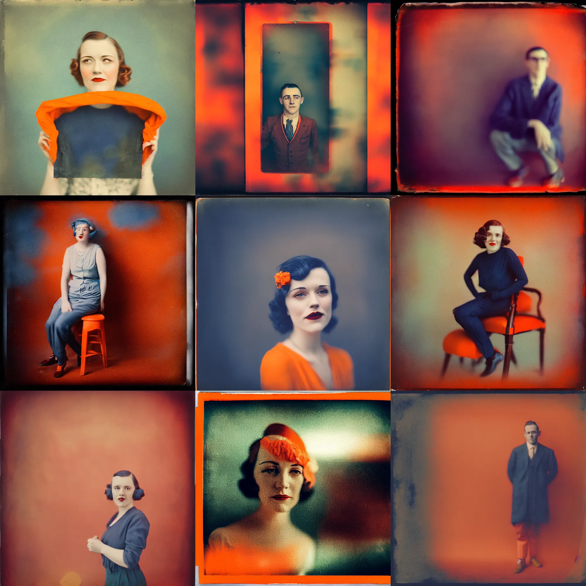 Prompt: kodak portra 4 0 0, wetplate, motion blur, portrait photo of a studio backdrop, 1 9 3 0 s style, coloured in blueberry and orange, in style of britt marling