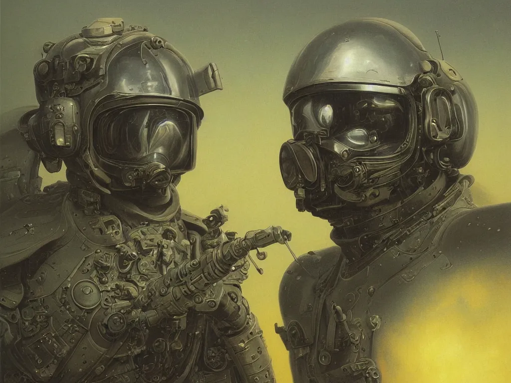 Image similar to a detailed portrait painting of a science fiction pilot in combat armour and visor. Smoke. cinematic sci-fi poster. Cloth and metal. Flight suit, accurate anatomy portrait symmetrical. science fiction theme with lightning, aurora lighting clouds and stars. Futurism by beksinski carl spitzweg moebius and tuomas korpi. baroque elements. baroque element. intricate artwork by caravaggio. Oil painting. Trending on artstation. 8k