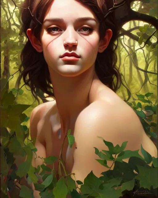 Image similar to stylized portrait of an artistic pose, composition, young faun surrounded by nature, realistic shaded, fine details, realistic shaded lighting poster by ilya kuvshinov, magali villeneuve, artgerm, jeremy lipkin and michael garmash and rob rey