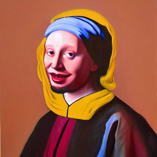 Prompt: Oil painting, Portrait of Muslim Ronald mcdonald wearing a thobe in the style of Johannes Vermeer
