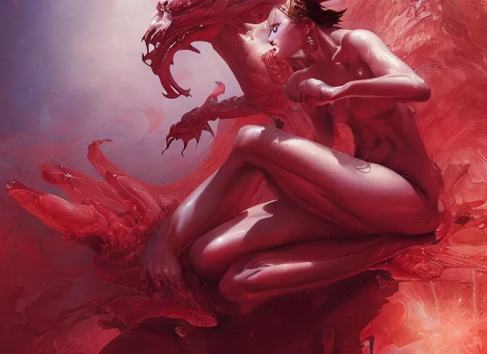 Prompt: woman loves and sit upon a scarlet coloured beast, pain, light effect, hyper detailed, intricate, elegant, highly detailed, digital painting, artstation, concept art, matte, sharp focus, illustration, by peter mohrbacher, hajime sorayama, wayne barlowe, boris vallejo, aaron horkey, gaston bussiere, craig mullins