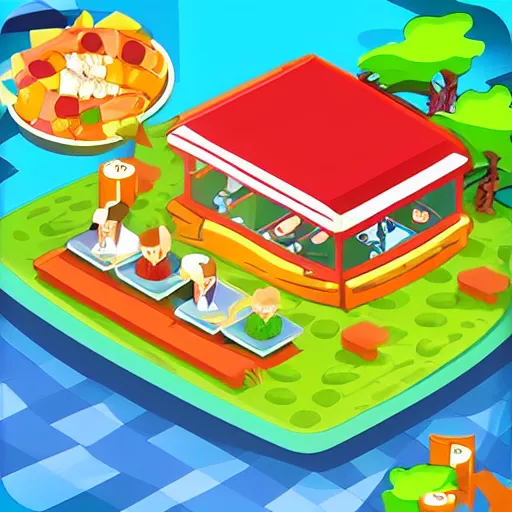 Image similar to an restaurant tycoon game, colorful, cartoon, cute, detailed,