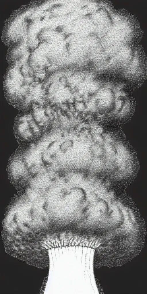 Image similar to vladimir putin wearing a nuclear mushroom cloud blast for a hat, cartoonish, ultra detailed pencil drawing