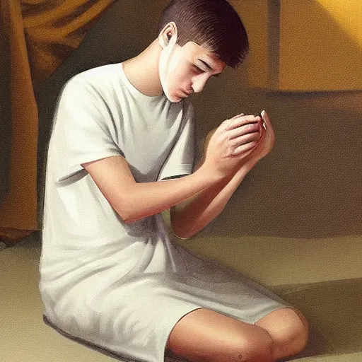 Image similar to a male teenager praying for a divine smartphone in front of him, digital art