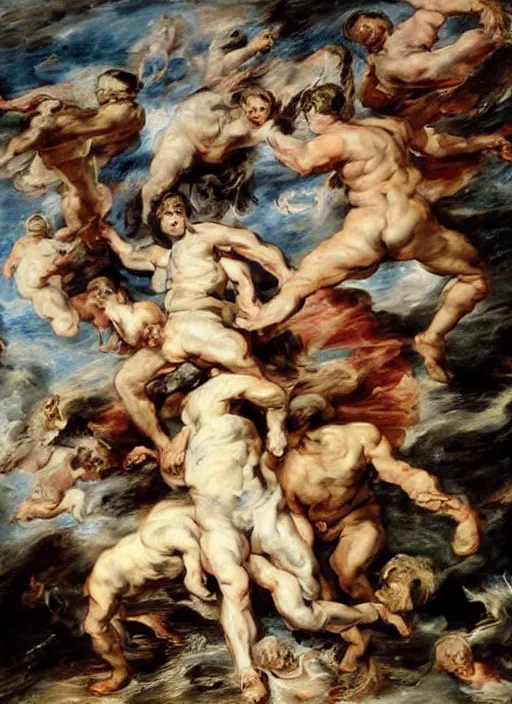 Prompt: ( ( ( ( ( painting, people falling off a playground, adventure playground, by peter paul rubens ) ) ) ) ) style of fall of the damned by peter paul rubens!!!!!!!